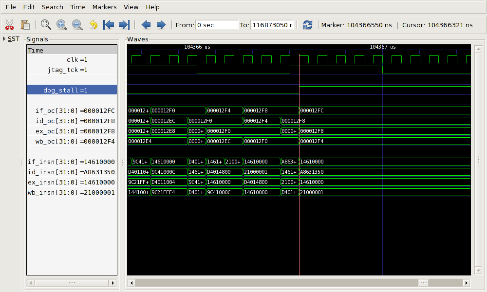 VCD trace of the OpenRISC 1000 pipeline following a l.trap stall.